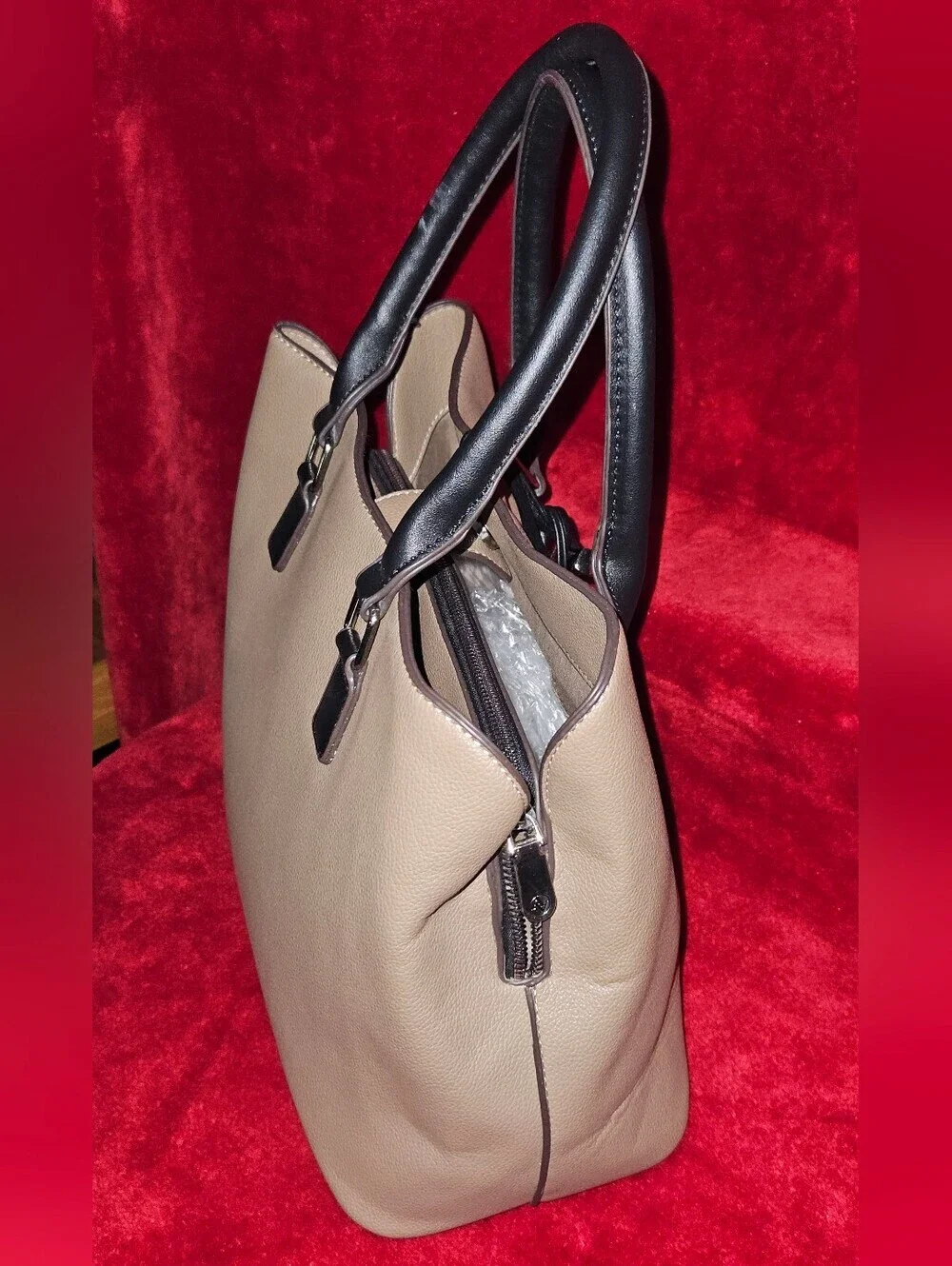 Andrienne Vittadini Timeless Treasures Collection Taupe & Black Satchel Handbag